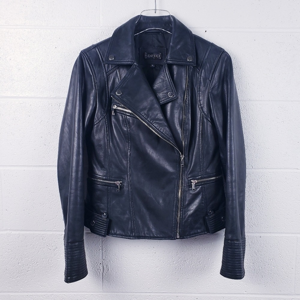 Danier Tatiana Black Lambskin Leather Moto Biker Jacket Black‎ Size Small